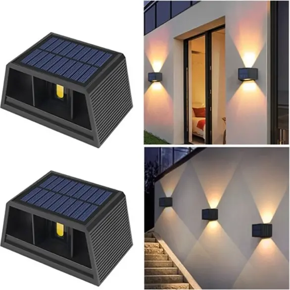 2x luces LED con energía solar foco de pared, lámpara para exteriores cálida