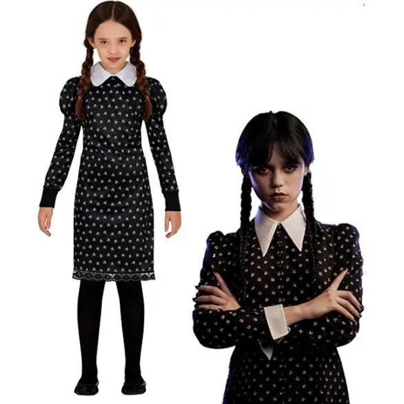 Disfraz de Halloween Wednesday Addams terror para niña 3-16 años fiesta (3-4...