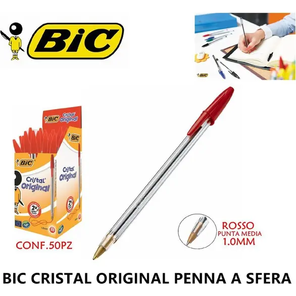 Bolígrafos Bic Cristal Pack de 50 uds Punta Tinta 1mm School Office (Rojo)