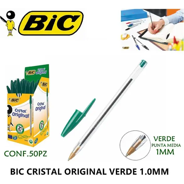 Bolígrafos Bic Cristal Pack de 50 uds Punta Tinta 1mm School Office (Verde)