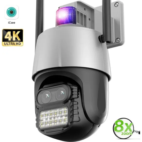 Cámara externa PTZ WiFi de 4MP 4K, 2 lentes, zoom 8x, videovigilancia CCTV