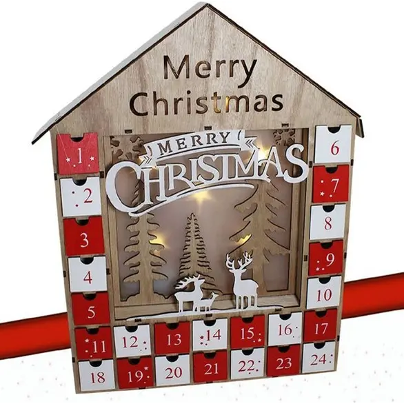 Calendario de Adviento navideño Casa de madera 24 cajones Decoraciones con LED