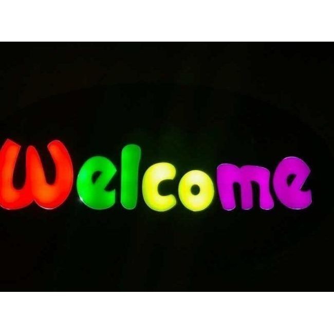 Letrero publicitario LED iluminado logotipo de bienvenida barras de colores...